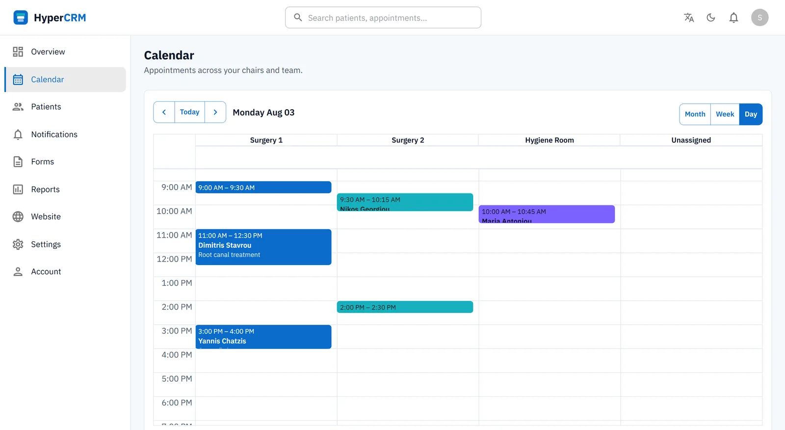 The HyperCRM calendar in day view, with a clinic's appointments booked across three columns — Surgery 1, Surgery 2 and Hygiene Room — each showing the time, the patient and the treatment.